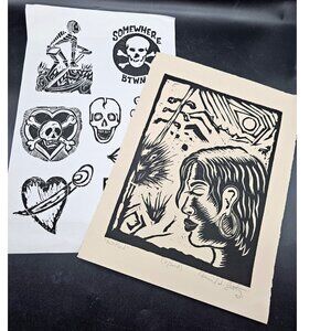 Pair Of Artist Signed Graphite Original Artwork Tattoos & Woman In Desert Modern